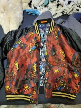 TALLIA Red Floral Satin Bomber Jacket with Black Sleeves